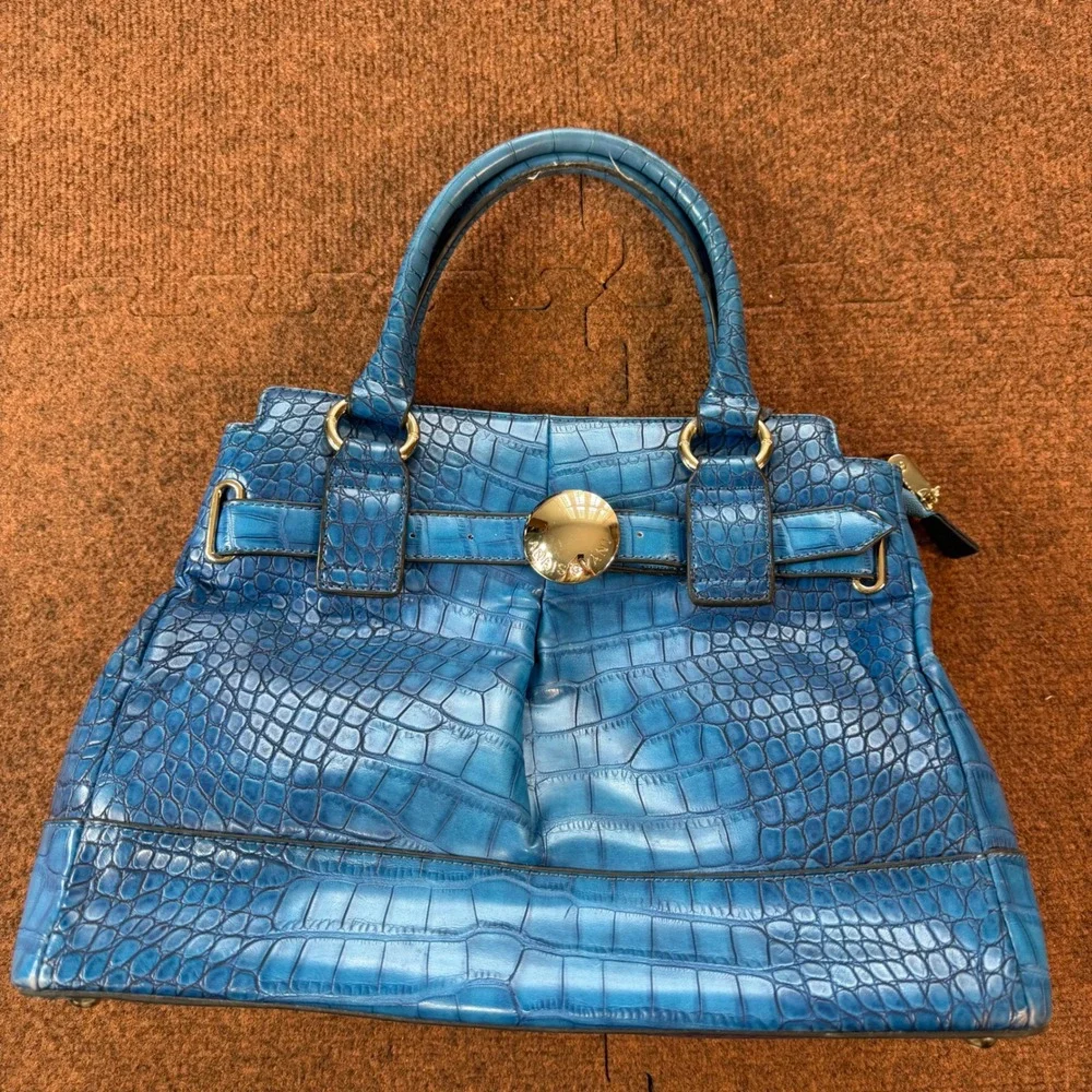 Anais Gvani New York Blue Croc Embossed Satchel Handbag Gold Hardware rare cool